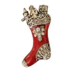Vintage Silver-Tone Filigree Sparkly Crystal Enamel Christmas Stocking Brooch
